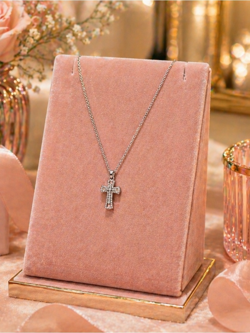 Silver Cross Pendant Necklace with Pink Accents